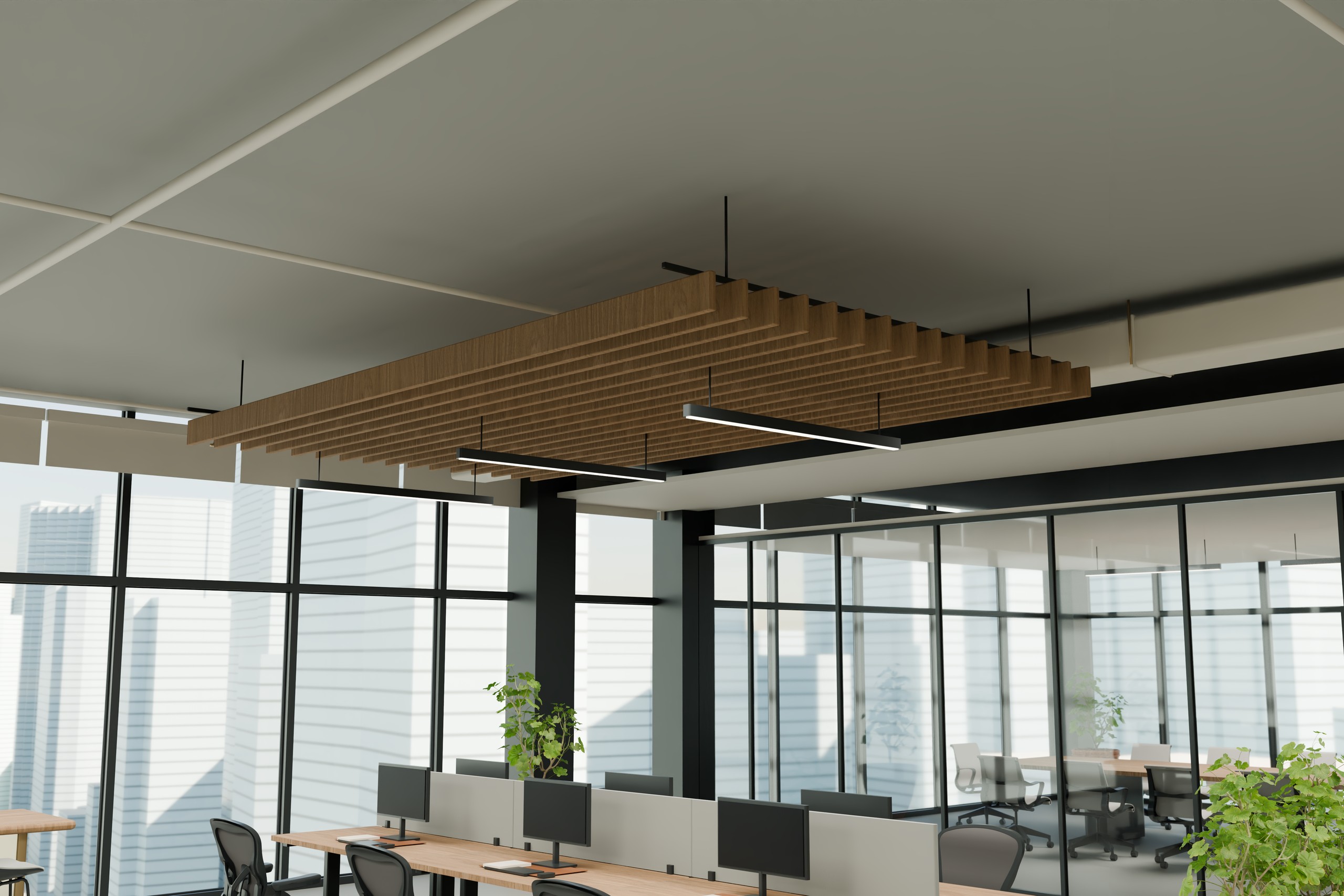 Lighting and acoustic ceiling elements in the PLANORA conceptual studio.